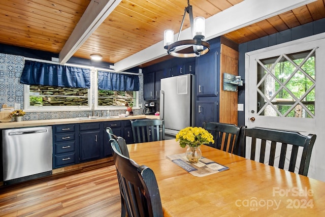 dining room with wood ceiling, beamed ceiling, light wood finished floors, and an inviting chandelier