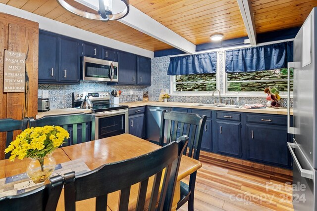 kitchen with appliances with stainless steel finishes, decorative backsplash, blue cabinets, and beamed ceiling