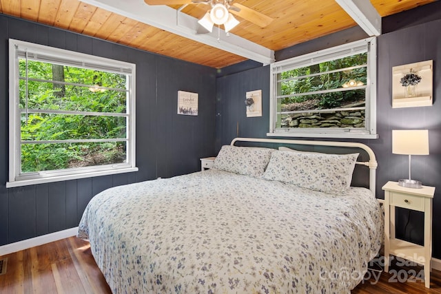 bedroom featuring wood ceiling, beam ceiling, ceiling fan, and hardwood / wood-style floors