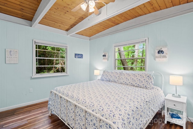 bedroom featuring baseboards, a ceiling fan, lofted ceiling with beams, dark wood-style floors, and wood ceiling