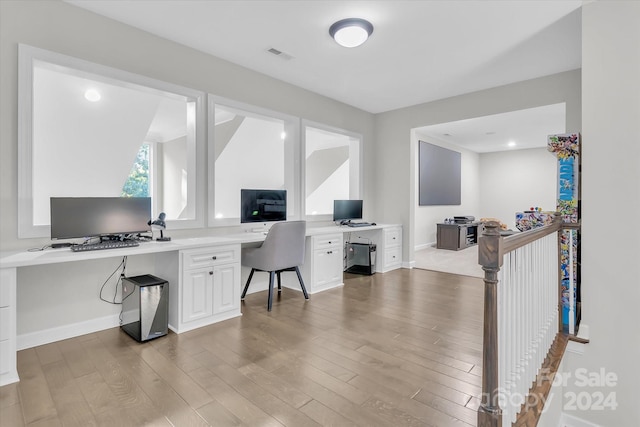 office area featuring hardwood / wood-style floors and built in desk