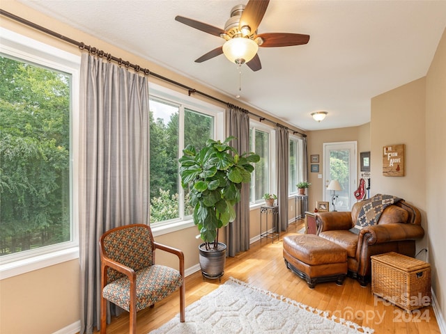 living room featuring a wealth of natural light, light wood-type flooring, and ceiling fan