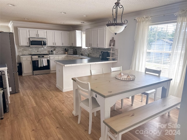 kitchen with white cabinets, pendant lighting, and stainless steel appliances