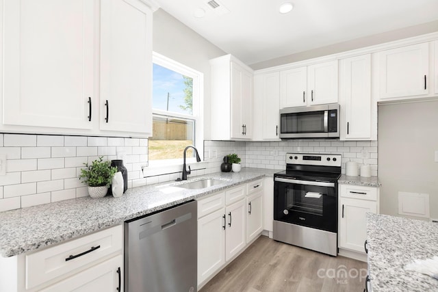 kitchen featuring a sink, white cabinets, appliances with stainless steel finishes, light wood-type flooring, and decorative backsplash