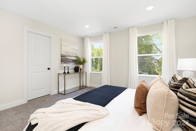 bedroom featuring carpet floors, recessed lighting, and baseboards