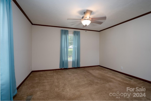 carpeted spare room featuring ceiling fan and ornamental molding