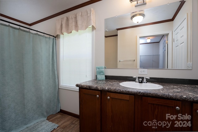 bathroom featuring crown molding, hardwood / wood-style floors, and vanity