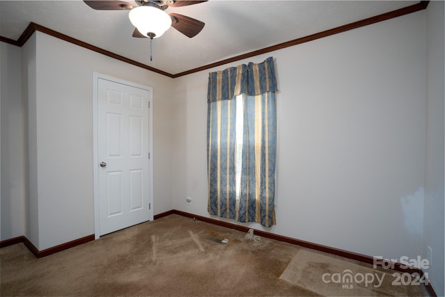 unfurnished bedroom featuring ceiling fan, carpet, and ornamental molding