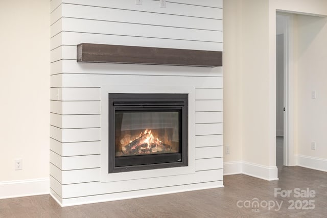 details featuring a glass covered fireplace, baseboards, and wood finished floors