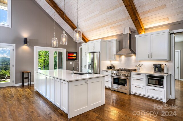 kitchen featuring appliances with stainless steel finishes, sink, wall chimney range hood, high vaulted ceiling, and pendant lighting