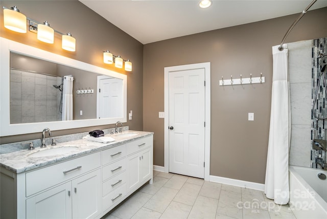 6521 Lake James Rd, Marion, NC 28752 - bathroom featuring double vanity, baseboards, recessed lighting, shower / bath combo, and marble look tile flooring
