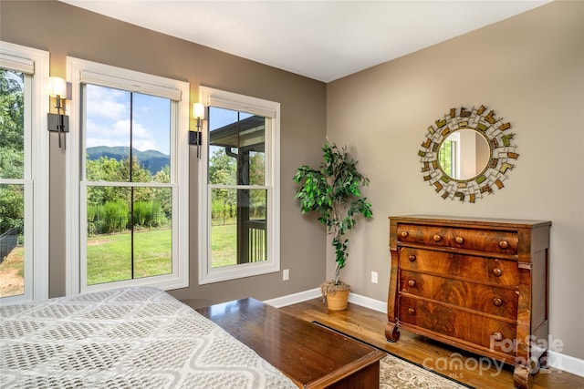 bedroom featuring a mountain view and hardwood / wood-style flooring