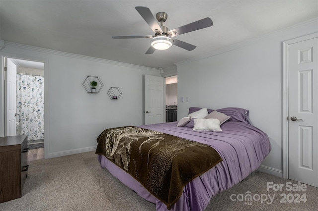 carpeted bedroom with ceiling fan and crown molding