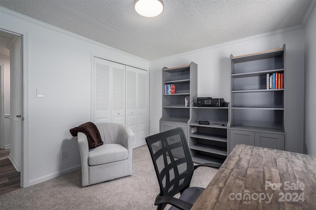 office space featuring carpet, ornamental molding, and a textured ceiling