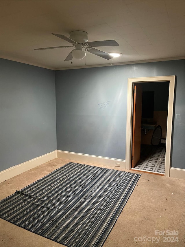 carpeted spare room with ceiling fan