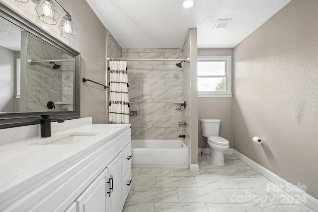 full bathroom with a textured ceiling, toilet, baseboards, marble finish floor, and shower / bath combo with shower curtain