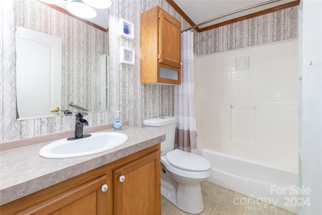 full bathroom featuring vanity, toilet, tile patterned flooring, and shower / bath combo with shower curtain