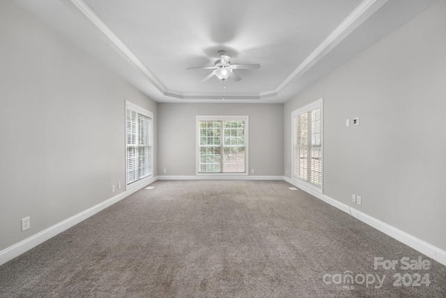 empty room with carpet flooring, ceiling fan, and a tray ceiling