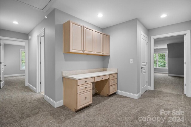 unfurnished office featuring built in desk and light colored carpet