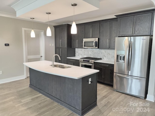 kitchen with backsplash, light wood-type flooring, decorative light fixtures, appliances with stainless steel finishes, and sink