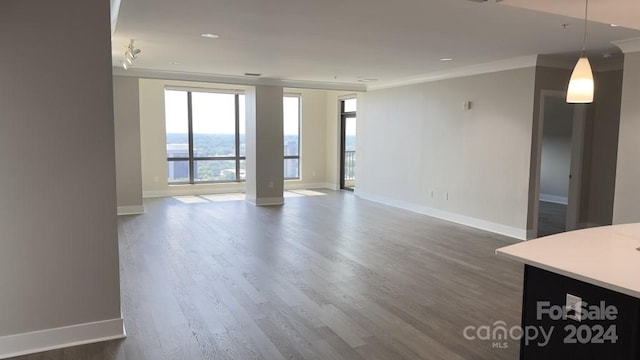 empty room featuring crown molding and dark hardwood / wood-style floors