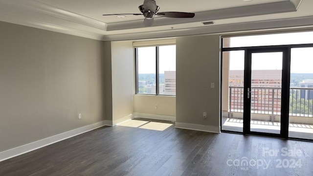 spare room featuring a raised ceiling, french doors, hardwood / wood-style floors, and ceiling fan