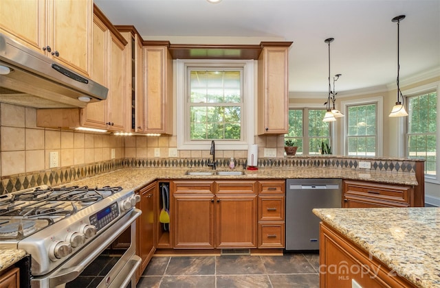 kitchen with tasteful backsplash, sink, dark tile patterned flooring, crown molding, and stainless steel appliances