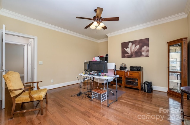 office featuring ceiling fan, crown molding, and wood-type flooring