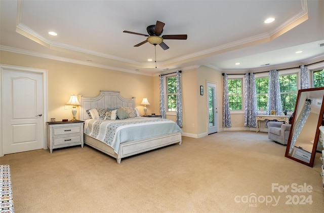 bedroom with crown molding, recessed lighting, a raised ceiling, light carpet, and baseboards