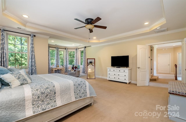 carpeted bedroom featuring ceiling fan, ornamental molding, and a tray ceiling