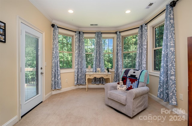 living area featuring carpet flooring and crown molding