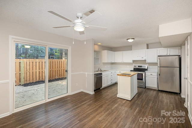 kitchen featuring stainless steel appliances, dark hardwood / wood-style floors, sink, and white cabinets