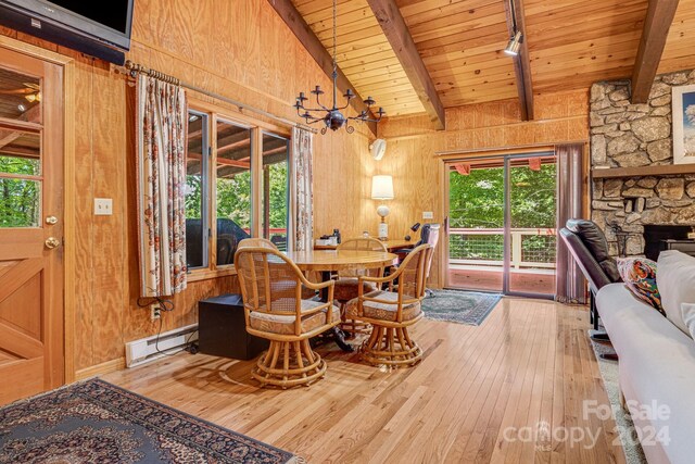 dining area featuring wooden walls, wooden ceiling, wood-type flooring, a baseboard radiator, and a stone fireplace