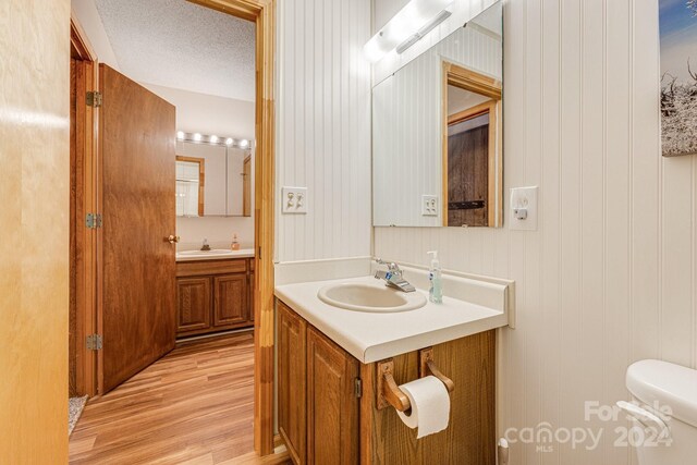 bathroom featuring vanity, toilet, wood-type flooring, and a textured ceiling