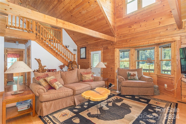 living room with beam ceiling, hardwood / wood-style flooring, high vaulted ceiling, and wooden walls