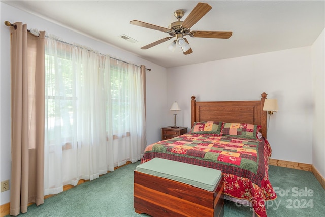 bedroom featuring ceiling fan and carpet floors