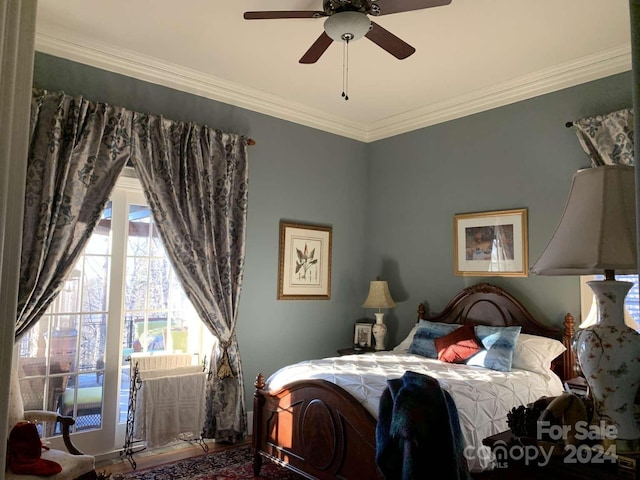 bedroom featuring ceiling fan and ornamental molding