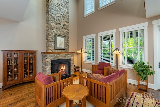 sitting room with baseboards, plenty of natural light, a stone fireplace, and wood finished floors