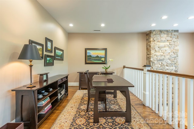 office area with recessed lighting, baseboards, and wood finished floors
