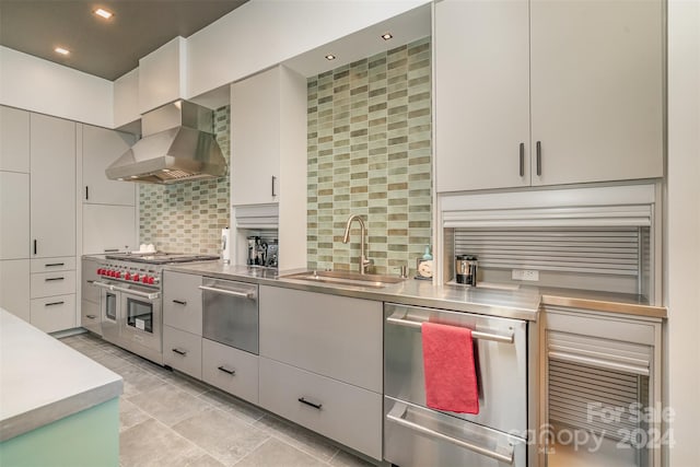 kitchen featuring appliances with stainless steel finishes, sink, wall chimney exhaust hood, stainless steel counters, and tasteful backsplash