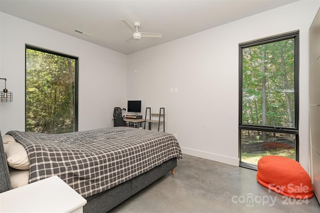 bedroom with concrete floors and ceiling fan