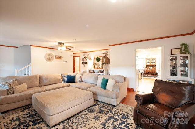 living room featuring ceiling fan, ornamental molding, and light wood-type flooring