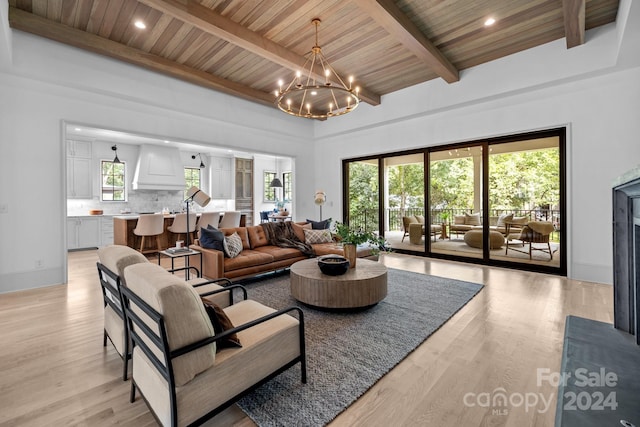 living room with an inviting chandelier, light hardwood / wood-style flooring, and wooden ceiling