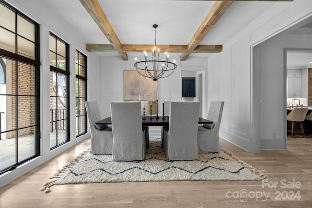 dining area with light wood-type flooring, a chandelier, coffered ceiling, sink, and beamed ceiling