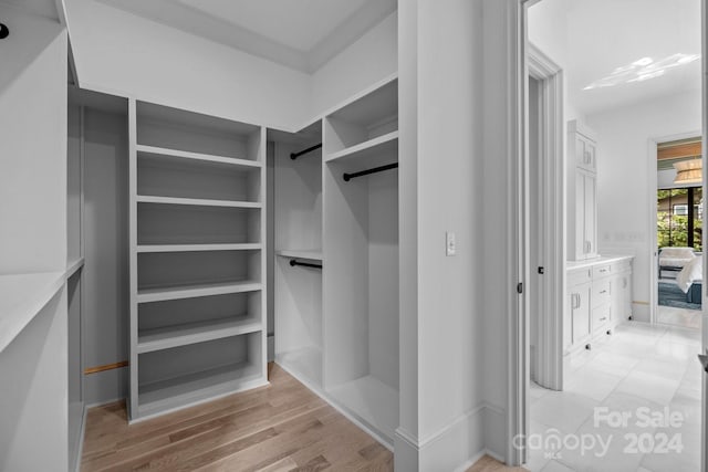 walk in closet with light hardwood / wood-style floors