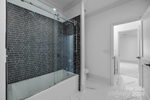 bathroom with tile patterned flooring, shower / bath combination with glass door, toilet, and ornamental molding