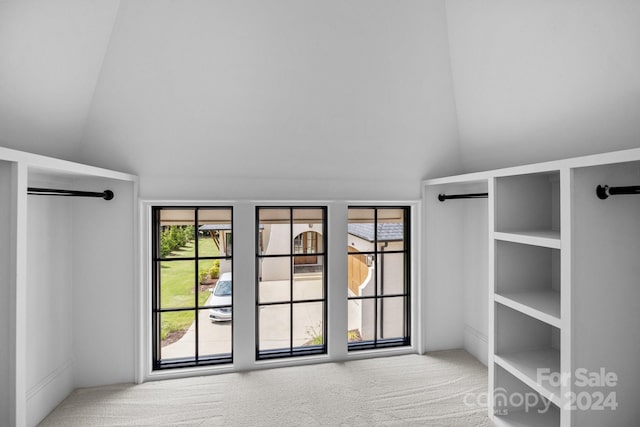 walk in closet featuring vaulted ceiling and carpet floors