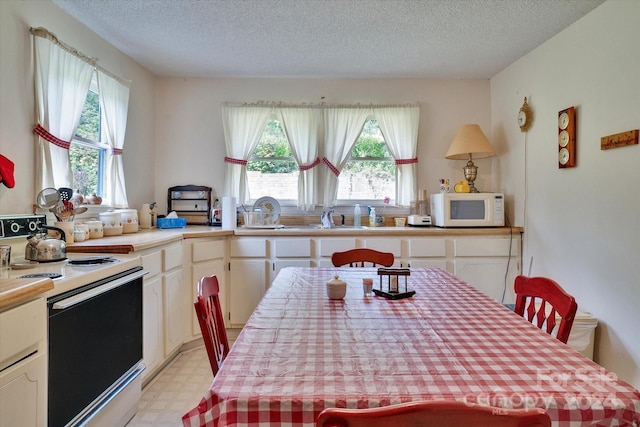 kitchen featuring white cabinets, a textured ceiling, sink, and white appliances