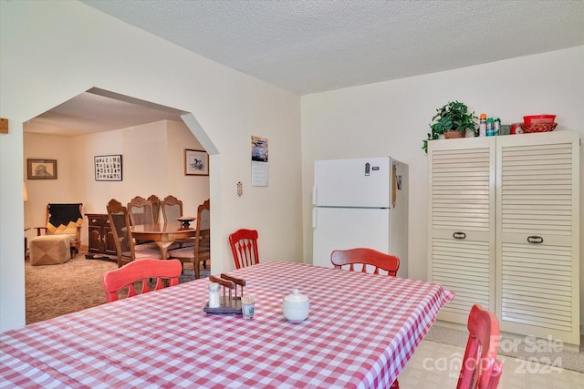 dining room with carpet and a textured ceiling