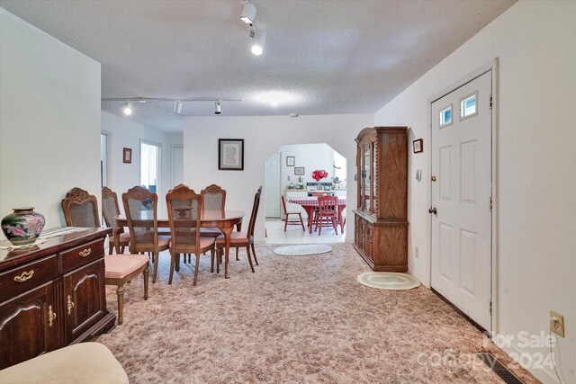 dining space featuring a wealth of natural light, carpet flooring, track lighting, and a textured ceiling